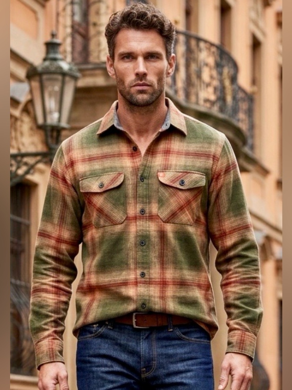 American Outdoorsman Men's Green and Orange Plaid Button Up Shirt in M